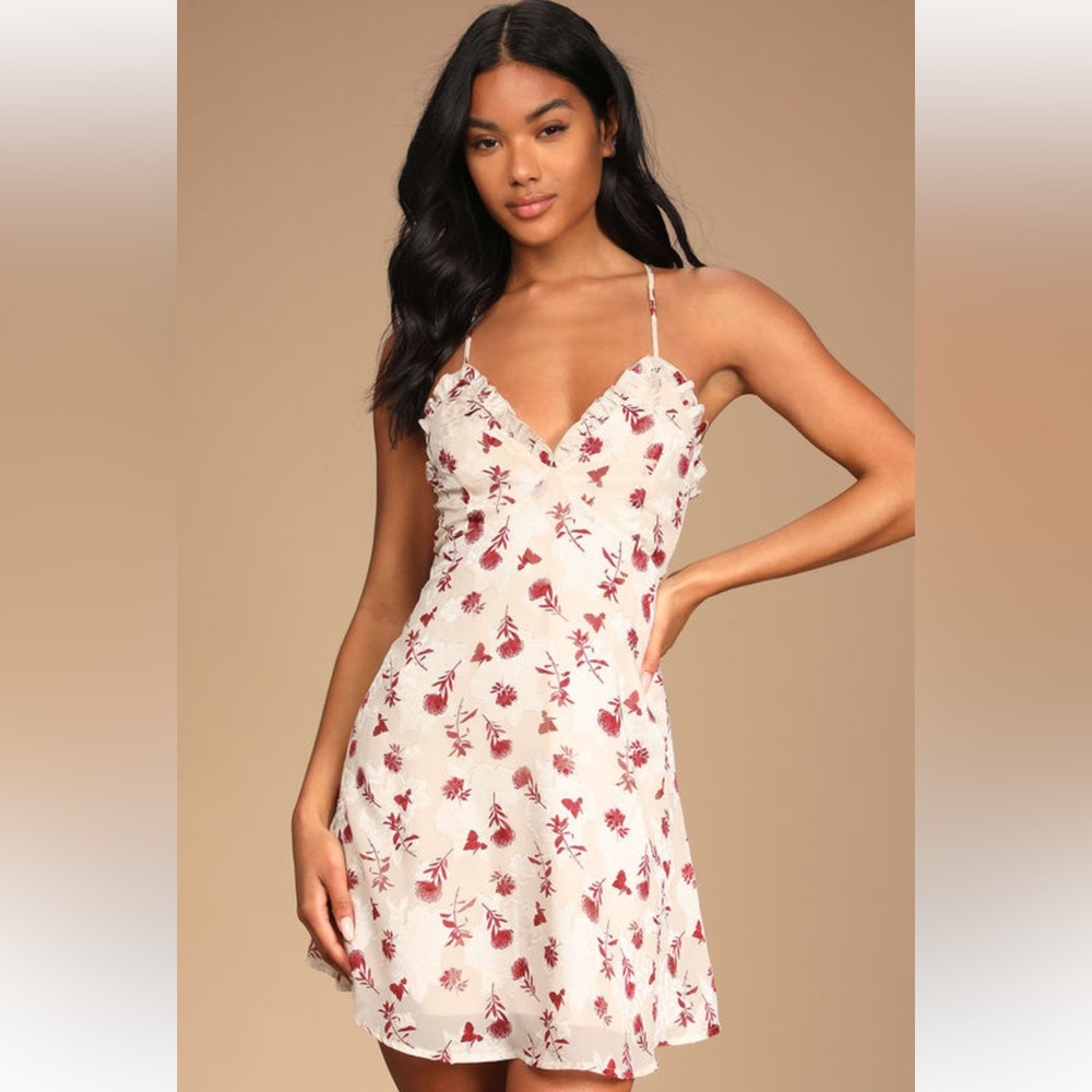 Lulus Dearly Darling Cream Floral Print Lace-Up Mini Dress
